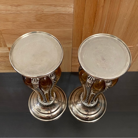 Rare Vintage MCM Mid Century Modern Amber Silver-plate Caged Candle Holder Set - Picture 3 of 12